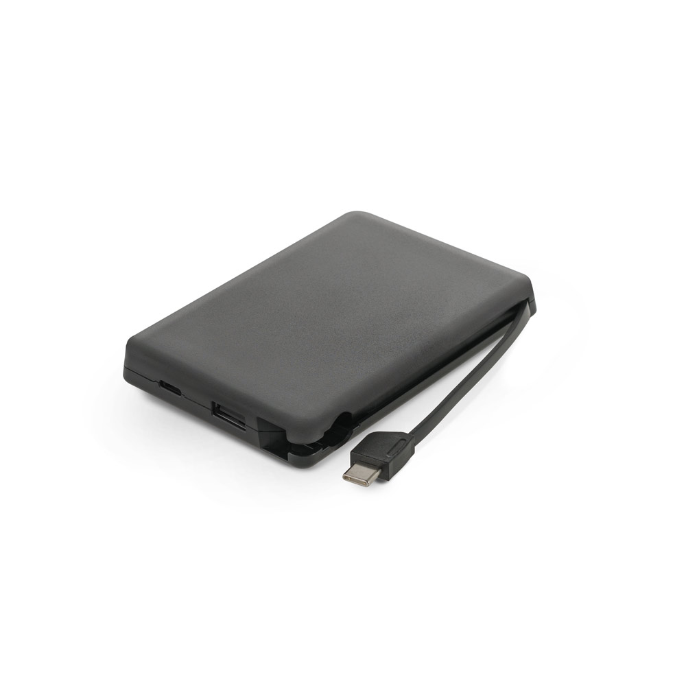 LATTES. Bateria portátil em ABS 100% reciclado, com cabo integrado e capacidade de 10'000 mAh