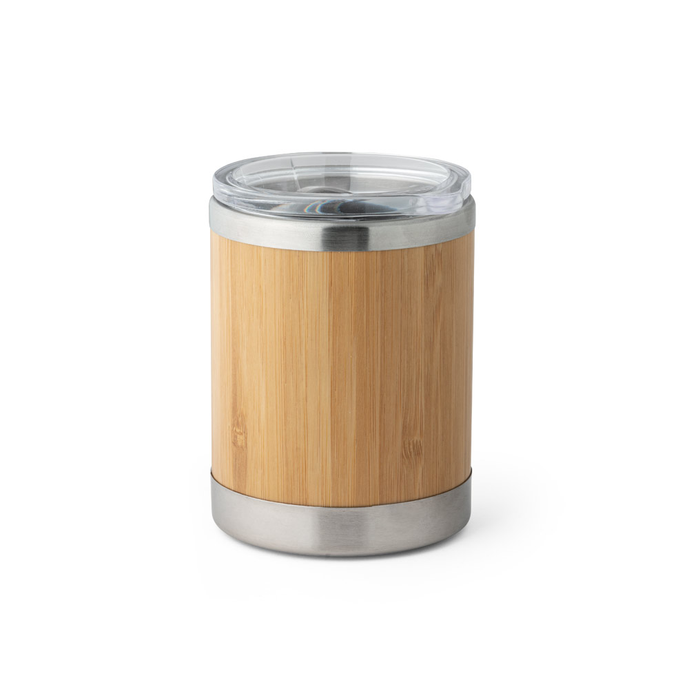 LYCKA. Copo de viagem em aço inox e bambu, térmico com parede dupla isolada a ar e tampa AS com fecho deslizante 350 mL