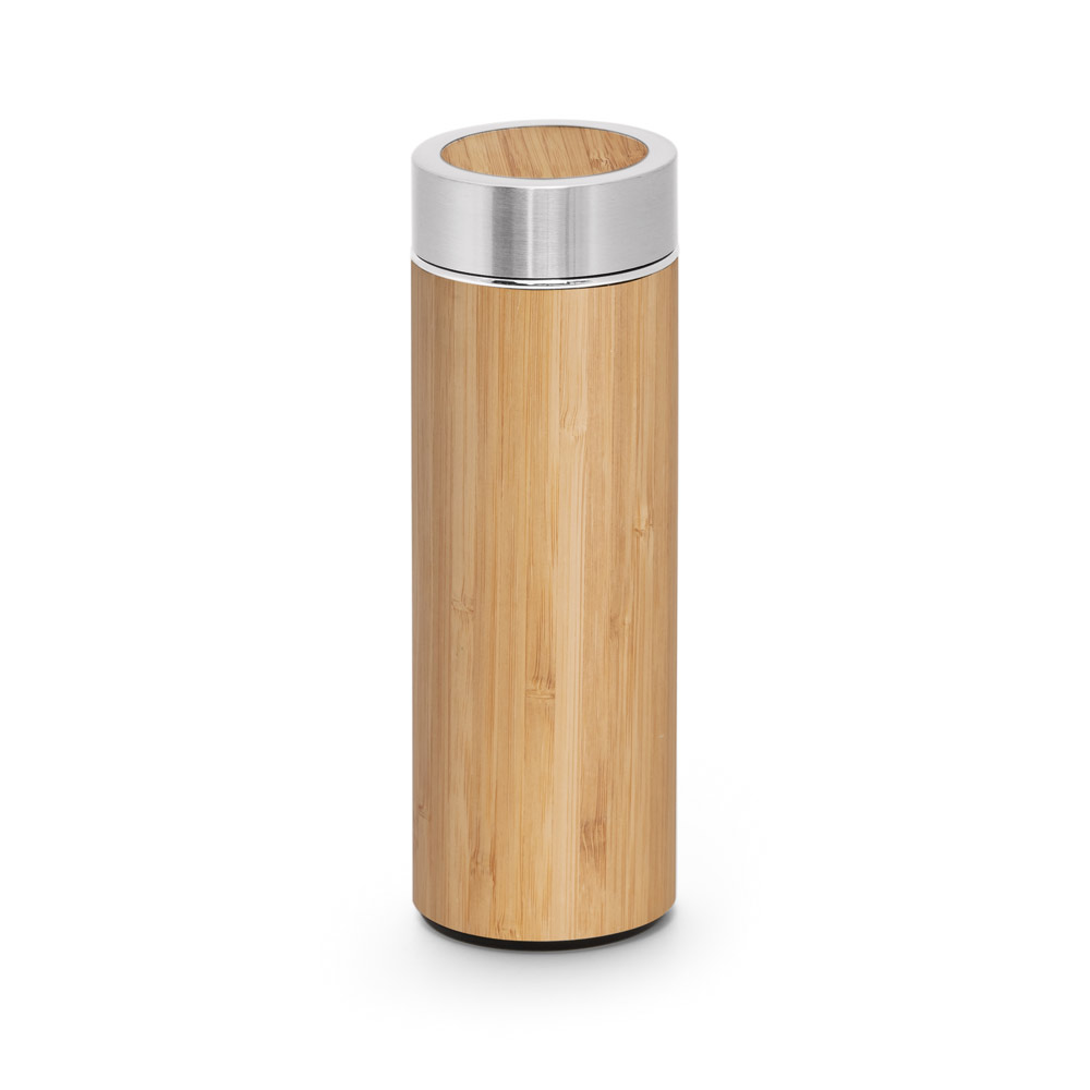 NATUREL. Garrafa em aço inox 90% reciclado e bambu de parede dupla térmica, isolada a vácuo 430 mL