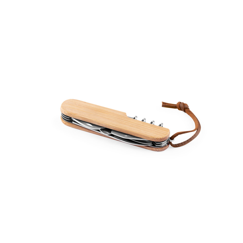 RYKER. Canivete multifunções em bambu e aço inox com cordão em PU com 7 funções