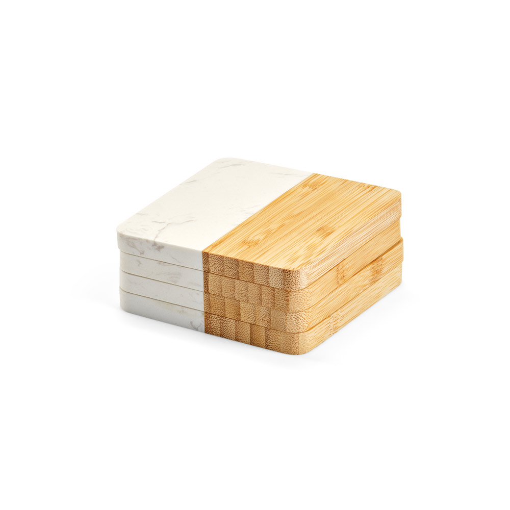 MARBOO CUP. Conjunto de 4 porta copos em mármore e bambu