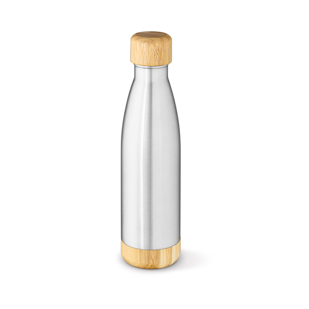 BROMELL 800. Garrafa em aço inox 90% reciclado de parede dupla térmica, isolada a vácuo com tampa em bambu 800 mL