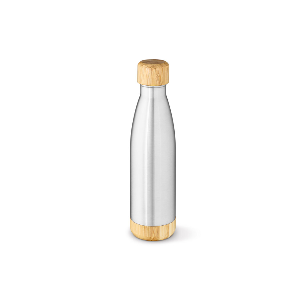 BROMELL 550. Garrafa em aço inox 90% reciclado de parede dupla térmica, isolada a vácuo com tampa em bambu 550 mL