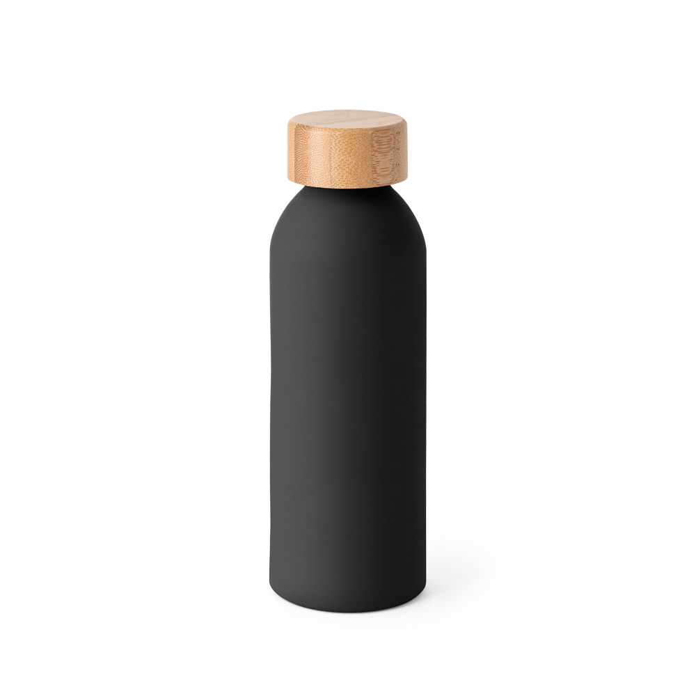 QUETA SOFT. Squeeze em alumínio com acabamento emborrachado e tampa em bambu 550 mL