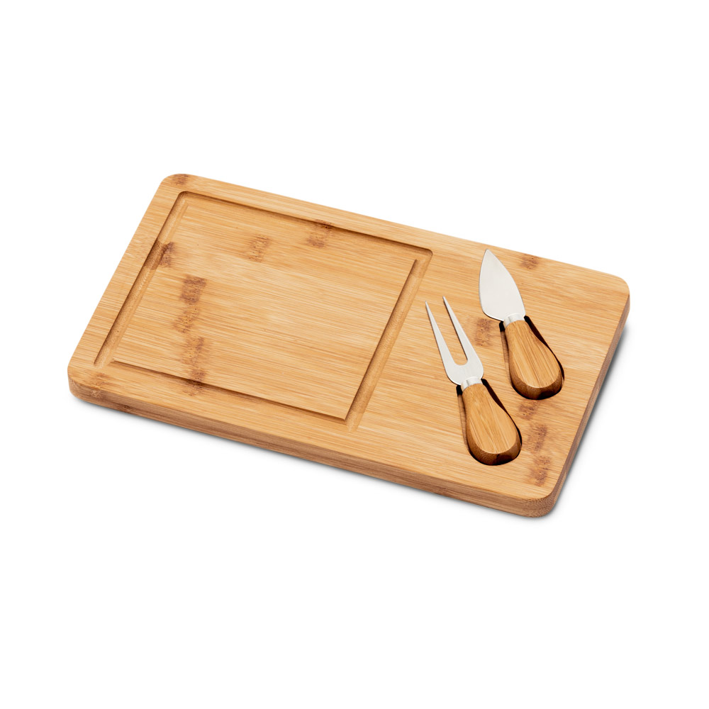 WOODS. Tábua de queijos em bambu com 2 utensílios em bambu e aço inox