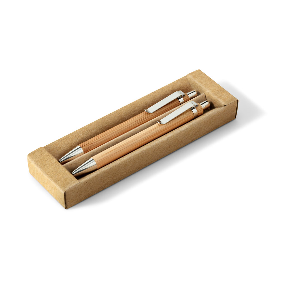 MELLO. Conjunto de esferográfica com escrita em azul e lapiseira, ambas em bambu